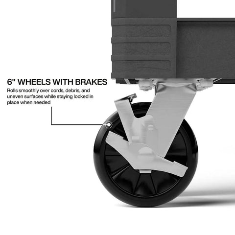 Close-up of a 6-inch wheel with brakes on a Heavy Duty Service Utility Cart With 36 Inch Ergonomic Height And 500 Pound Capacity.
