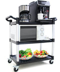 Built To Haul 3 Tier Utility Cart On Wheels With 510 Lb Capacity For Kitchen Office And Warehouse Rubber Pad Durable Aluminum Frame And High Density Polyethylene Shelves 31.5 x 16.9 x 38.9 Inches Black, loaded with appliances and produce