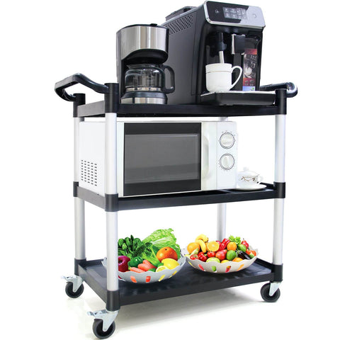 Built To Haul 3 Tier Utility Cart On Wheels With 510 Lb Capacity For Kitchen Office And Warehouse Rubber Pad Durable Aluminum Frame And High Density Polyethylene Shelves 31.5 x 16.9 x 38.9 Inches Black, loaded with appliances and produce