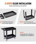 3-step installation of Beefed Up Heavy Duty 2 Shelf Utility Cart With 550 Lbs Capacity Plastic Rolling Service Cart Medium Lipped Shelves