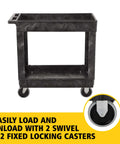 Heavy Duty 2 Shelf Utility Cart With Lipped Shelves And Ergonomic Handle, 500 Lb Capacity, Black Rolling Service Cart