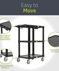 Mobile Utility Cart With Three Shelves And Three Outlets And Eight Foot Cord For Office And Warehouse Use Heavy Duty Workhorse Service Cart With Four Swivel Wheels And Push Handle Black Finish By Pearington, side view