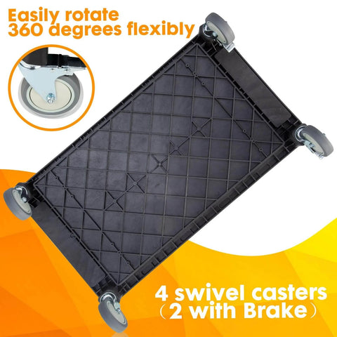 Multi Use Rolling Cart With Power Strip For Heavy Duty Workhorse Style Setups In Shops showing underside with swivel casters.