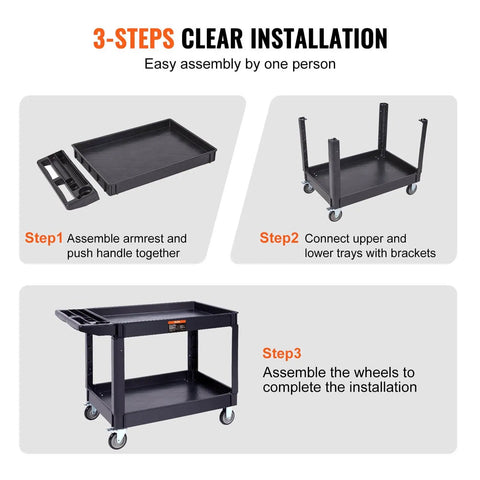 Heavy Duty 2 Shelf Utility Cart With 550 Lb Capacity And 360 Degree Swivel Wheels With Brakes assembly steps