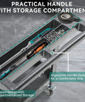 Top view of Heavy Duty 2 Tier Plastic Utility Cart With Deep Shelves And 360 Degree Swivel Wheels For Garage Warehouse Office And Cleaning Tasks 45 X 25 Inch Gray, showing handle storage compartment.