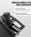 Close-up of ergonomic storage handle with tool slots, part of the Beefed Up Heavy Duty 2 Shelf Utility Cart With 550 Lbs Capacity Plastic Rolling Service Cart Medium Lipped Shelves 360 Degree Swivel Wheels Ergonomic Storage Handle For Warehouse And Garage Black VEVOR
