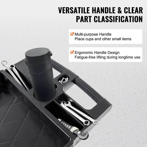 Close-up of ergonomic storage handle with tool slots, part of the Beefed Up Heavy Duty 2 Shelf Utility Cart With 550 Lbs Capacity Plastic Rolling Service Cart Medium Lipped Shelves 360 Degree Swivel Wheels Ergonomic Storage Handle For Warehouse And Garage Black VEVOR