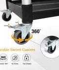 Close-up of lockable wheels on Heavy Duty 3 Tier Utility Cart With Wheels For Restaurant And Warehouse, 420 lb Capacity