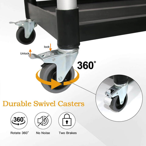 Close-up of lockable wheels on Heavy Duty 3 Tier Utility Cart With Wheels For Restaurant And Warehouse, 420 lb Capacity