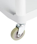 Close-up of the gray locking caster on Heavy Duty 3 Tier Rolling Utility Cart For Busy Shops And Offices, 400 Pound Capacity, Portable Gray Mobile Shelving 