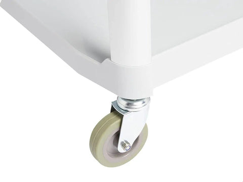 Close-up of the gray locking caster on Heavy Duty 3 Tier Rolling Utility Cart For Busy Shops And Offices, 400 Pound Capacity, Portable Gray Mobile Shelving 