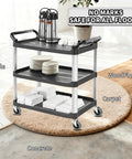 Utility cart with heavy duty stem caster wheels on various floor types, holding dishes and a coffee set, no marks on floors.