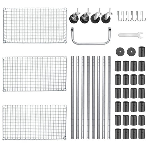 Built Tough 990 Lb Capacity Heavy Duty Rolling Utility Cart components including shelves, wheels, handle, bars, connectors.