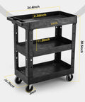 Heavy Duty 3 Shelf Utility Cart With 550 Lb Capacity, 34 By 17 By 38.5 Inch Rolling Work Cart, Deep Shelves, 4 Swivel Wheels, Black