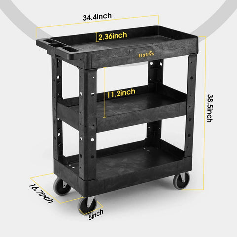 Heavy Duty 3 Shelf Utility Cart With 550 Lb Capacity, 34 By 17 By 38.5 Inch Rolling Work Cart, Deep Shelves, 4 Swivel Wheels, Black