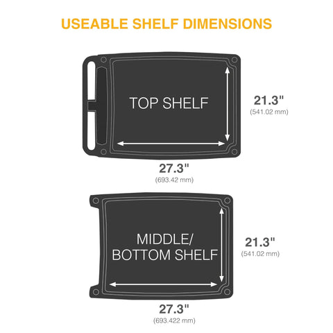 Diagram showing dimensions of Heavy Duty 3 Shelf Utility Cart With Five Level Adjustable Top Shelf For Perfect Height Alignment On Home Commercial And Industrial Use 400 Lb Capacity 23.9 In Wide 34.4 In Long 35.5 To 39.5 In High Black Metro MyCart Plus.