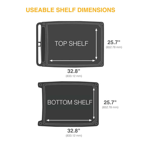 Top and bottom shelf dimensions of Adjustable Height Heavy Duty Utility Cart Built Tough With 2 Shelves 400 Lb Capacity Rolling Cart For Home Commercial And Industrial Use Top Shelf Adjustable In 5 Heights Black 27.7 W x 40.25 L x 36.8 to 40.8 H