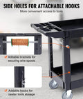 Beefed Up Heavy Duty 2 Shelf Utility Cart With 550 Lbs Capacity Plastic Rolling Service Cart Medium Lipped Shelves 360 Degree Swivel Wheels Ergonomic Storage Handle For Warehouse And Garage Black VEVOR, side view showing side holes for hooks and brackets