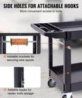 Heavy Duty 2 Shelf Utility Cart With 550 Lb Capacity And 360 Degree Swivel Wheels With Brakes, large lip shelf, side holes, hooks.