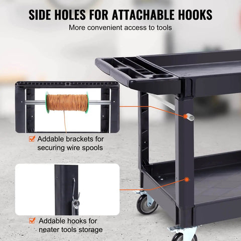 Heavy Duty 2 Shelf Utility Cart With 550 Lb Capacity And 360 Degree Swivel Wheels With Brakes, large lip shelf, side holes, hooks.