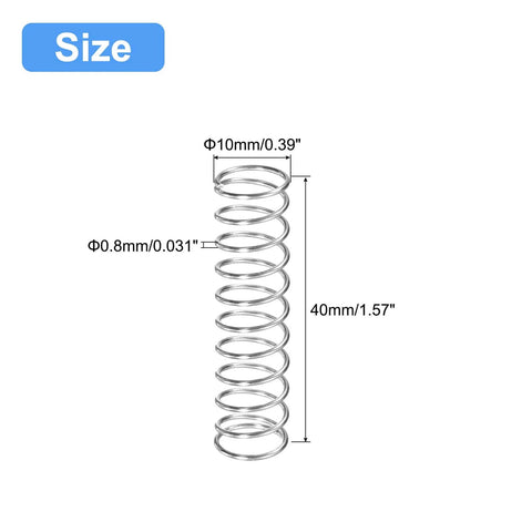 Size specifications image of a 10mm diameter metal spring, 0.8mm wire thickness, and 40mm height.