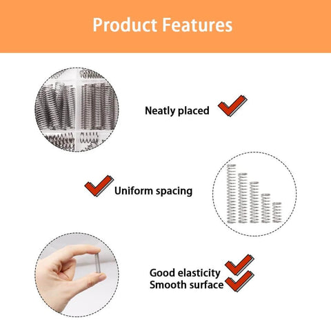 Image displaying features of springs: neatly placed, uniform spacing, good elasticity, and smooth surface with a hand holding a spring.
