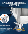 Close-up of 5" silent universal casters on Three Tier Stainless Steel Utility Cart with brakes and 360-degree mobility