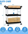 Heavy Duty 510 Lb Capacity Utility Cart With Locking Wheels AQNIEGEP 3 Tier Mobile Kitchen Cart showing size dimensions
