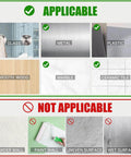 Material applicability guide shows suitability for glass, metal, plastic, smooth wood, marble, ceramic tile; not for powder, paint, uneven, wet surfaces.