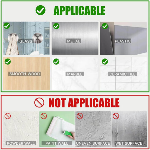 Material applicability guide shows suitability for glass, metal, plastic, smooth wood, marble, ceramic tile; not for powder, paint, uneven, wet surfaces.