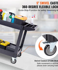 Heavy Duty 2 Shelf Utility Cart With 550 Lb Capacity And 360 Degree Swivel Wheels With Brakes, shown with cleaning supplies.