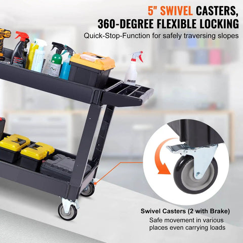 Heavy Duty 2 Shelf Utility Cart With 550 Lb Capacity And 360 Degree Swivel Wheels With Brakes, shown with cleaning supplies.