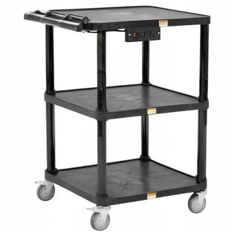 Mobile Utility Cart With Three Shelves And Three Outlets And Eight Foot Cord For Office And Warehouse Use Heavy Duty Workhorse Service Cart With Four Swivel Wheels And Push Handle Black Finish By Pearington