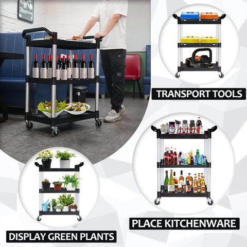 Heavy Duty Plastic Utility Cart With Wheels 510 Lb Capacity Three Tier Rolling Service Cart For Office Kitchen Restaurant Garage And Warehouse Locking Wheels Black used for transporting wine bottles and kitchenware.