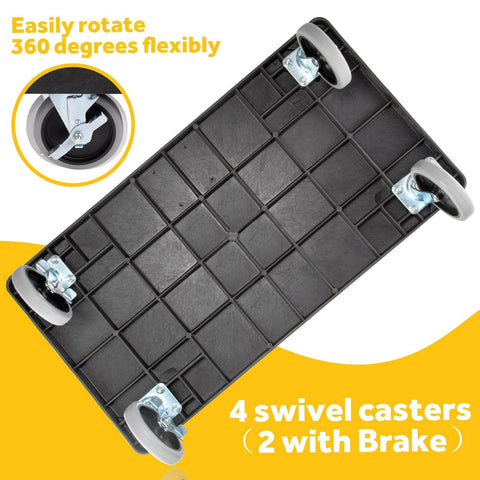 Bottom view of Heavy Duty 3 Shelf Utility Cart With 550 Lb Capacity, 34 By 17 By 38.5 Inch Rolling Work Cart, showing 4 swivel casters.