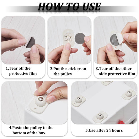 Installation steps for adhesive pulleys on 8-Pack Utility Cart Hardwood Frame Swivel Wheels for stable and easy transport.