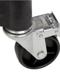 Close-up of wheel on Three Shelf Utility Cart On Wheels For Garage Workshop Office And Home Use 225 Lbs Capacity Durable Polypropylene Shelves Easy To Clean And Rust Resistant Black By MaxWorks