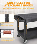Beefy Heavy Duty Plastic Utility Cart With Flat Top And Two Shelves, 45.87 X 25.2 Inches Work Cart Holds Up To 550 Lbs, 360 Degree Swivel Wheels With Brakes, Rust Resistant Black with side holes for attachable hooks.