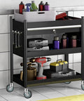 Black utility cart with 5 Inch Stem Casters For Wire Shelving Heavy Duty Swivel Wheels With Brakes Set Of 4 in a garage setting.