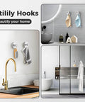 Collage of utility hooks in kitchen and bathroom settings with towels and accessories, labeled 'Beautify your home'.