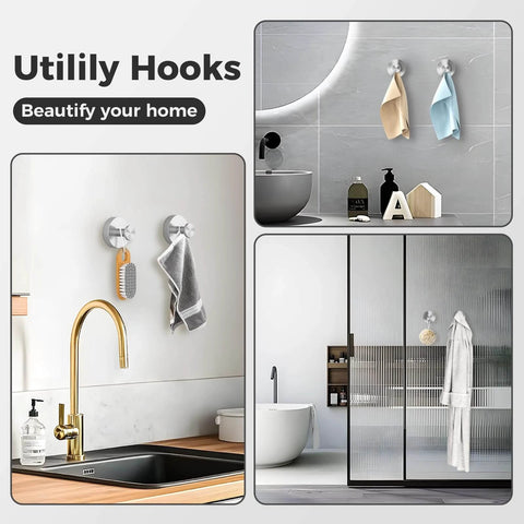 Collage of utility hooks in kitchen and bathroom settings with towels and accessories, labeled 'Beautify your home'.
