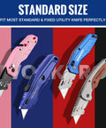 Image of four different colored utility knives compatible with SK5 Steel Utility Knife Blades 100 Pack With Dispenser for crafting.