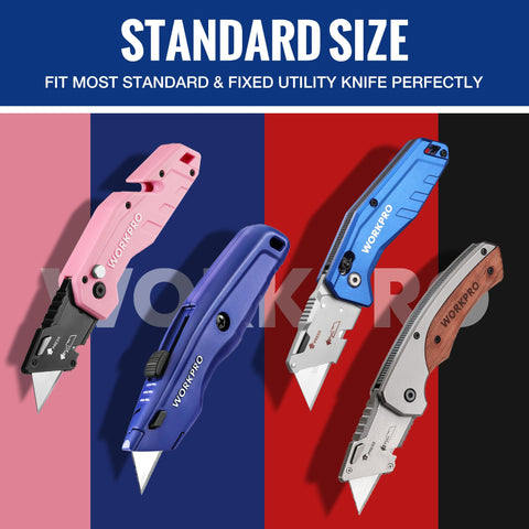 Image of four different colored utility knives compatible with SK5 Steel Utility Knife Blades 100 Pack With Dispenser for crafting.