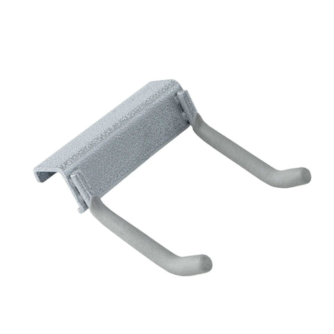Close-up of grey utility hook for 96 Inch Wide Wall Mounted Utility Storage Rack with bike and regular hooks for garage organization.