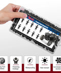 Hand holding 200 Pcs UTV Nylon Fender Clips And Body Rivets Kit With Removal Tool For Polaris Ranger RZR Can Am Kawasaki Teryx Honda Rancher Suzuki Sportsman ATV Fasteners, shown in transparent box with labels.