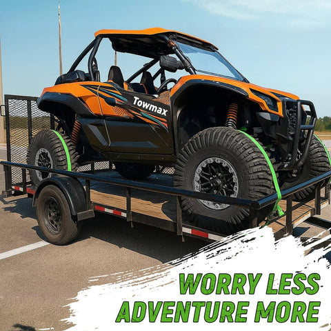 All In One UTV Wheel Chock Tie Down Kit By Towmax With 4500Lb Break Strength securing SXS on trailer