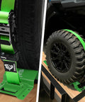 All In One UTV Wheel Chock Tie Down Kit By Towmax With 4500Lb Break Strength showing green straps securing tires