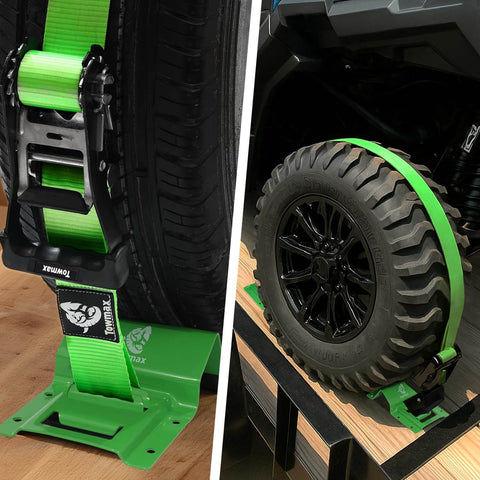 All In One UTV Wheel Chock Tie Down Kit By Towmax With 4500Lb Break Strength showing green straps securing tires