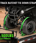 Front view of ATV on trailer secured with All In One UTV Wheel Chock Tie Down Kit By Towmax With 4500Lb Break Strength.