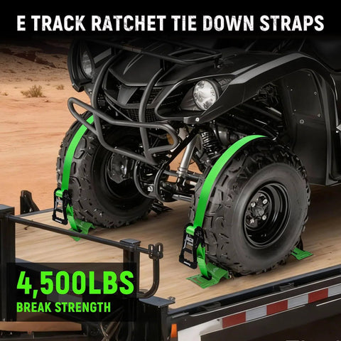 Front view of ATV on trailer secured with All In One UTV Wheel Chock Tie Down Kit By Towmax With 4500Lb Break Strength.